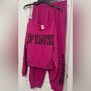 VS Pink Two piece Off Shoulder Sweatsuit Size Medium Fits Size Large